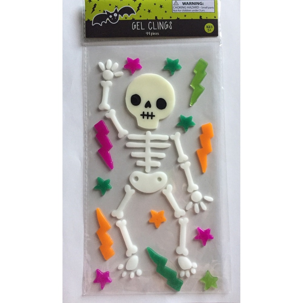 NEW HALLOWEEN Window Gel Clings Decor 44 pc Large Skeleton Stars Lightning bolts